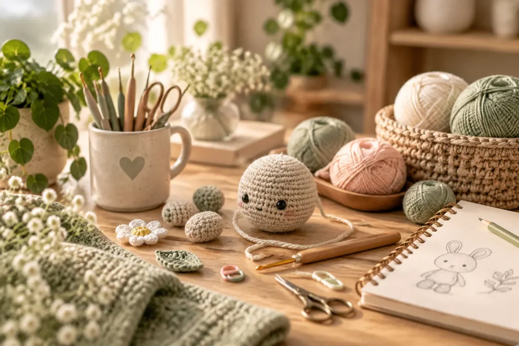 Cozy crochet workspace with handmade amigurumi creation and yarn materials