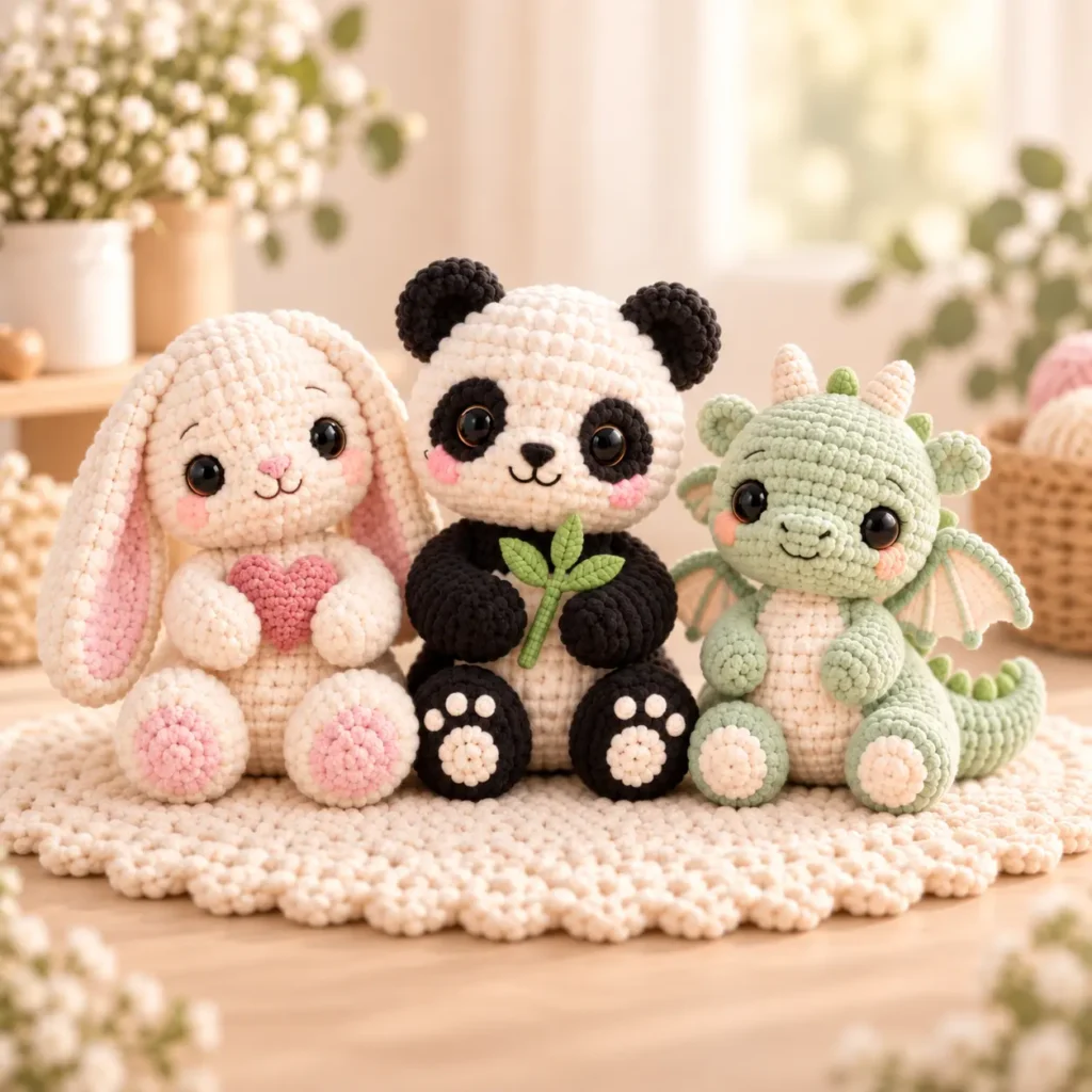Cream bunny, panda and pastel green baby dragon crochet amigurumi sitting together