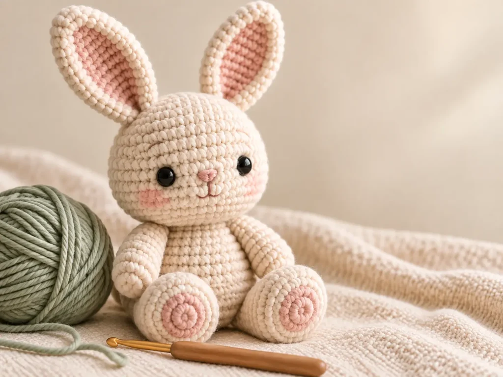 Beginner amigurumi bunny with yarn ball and crochet hook