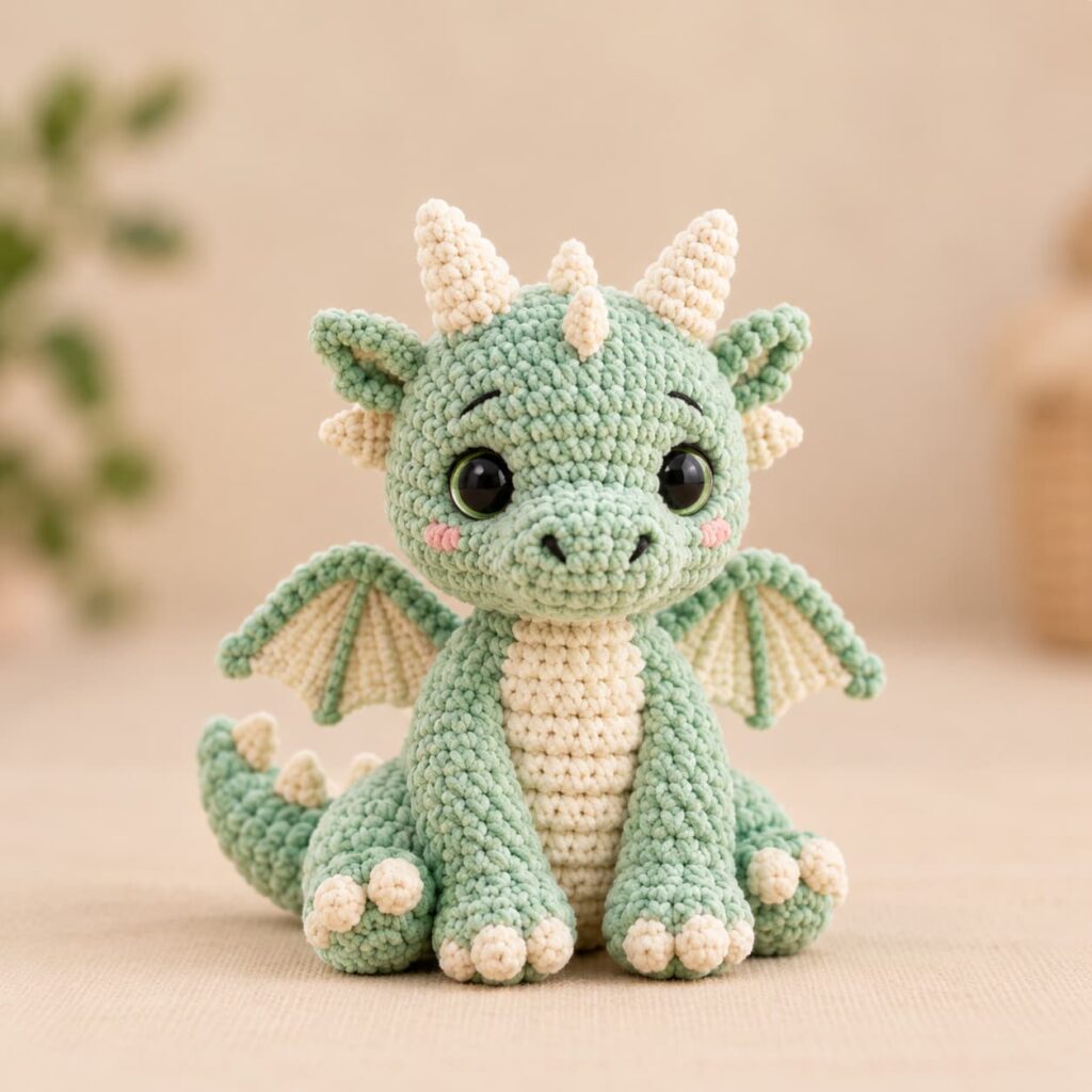 Cute sage green amigurumi dragon for the Fantasy crochet category