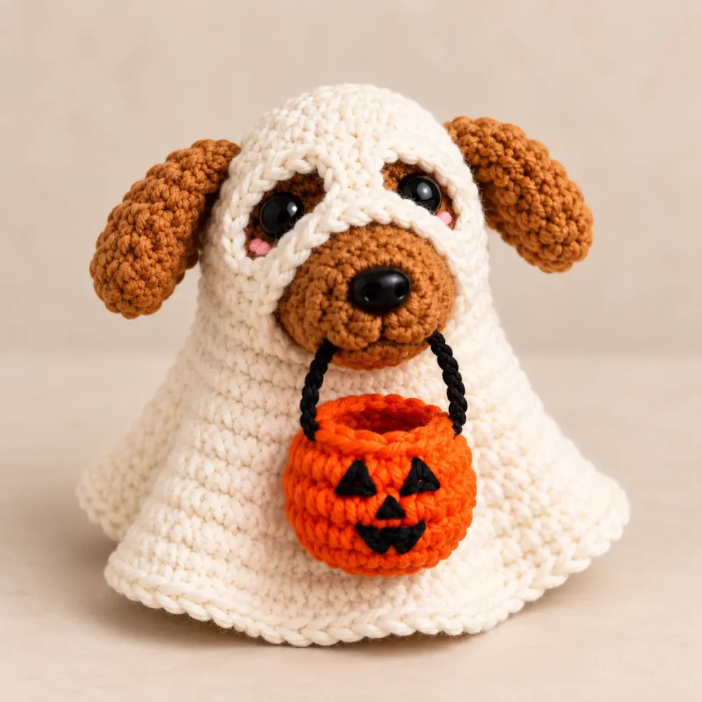 Cute Halloween ghost dog amigurumi holding a crochet pumpkin basket
