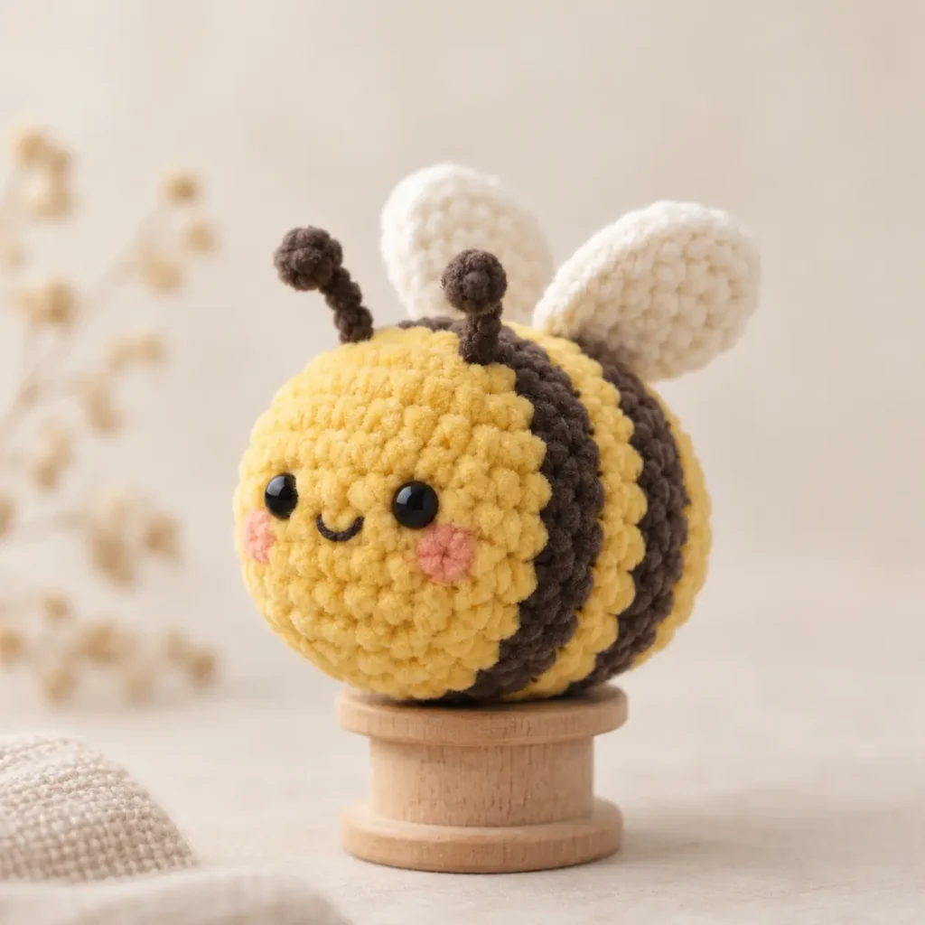 Cute mini amigurumi crochet bee on a wooden spool
