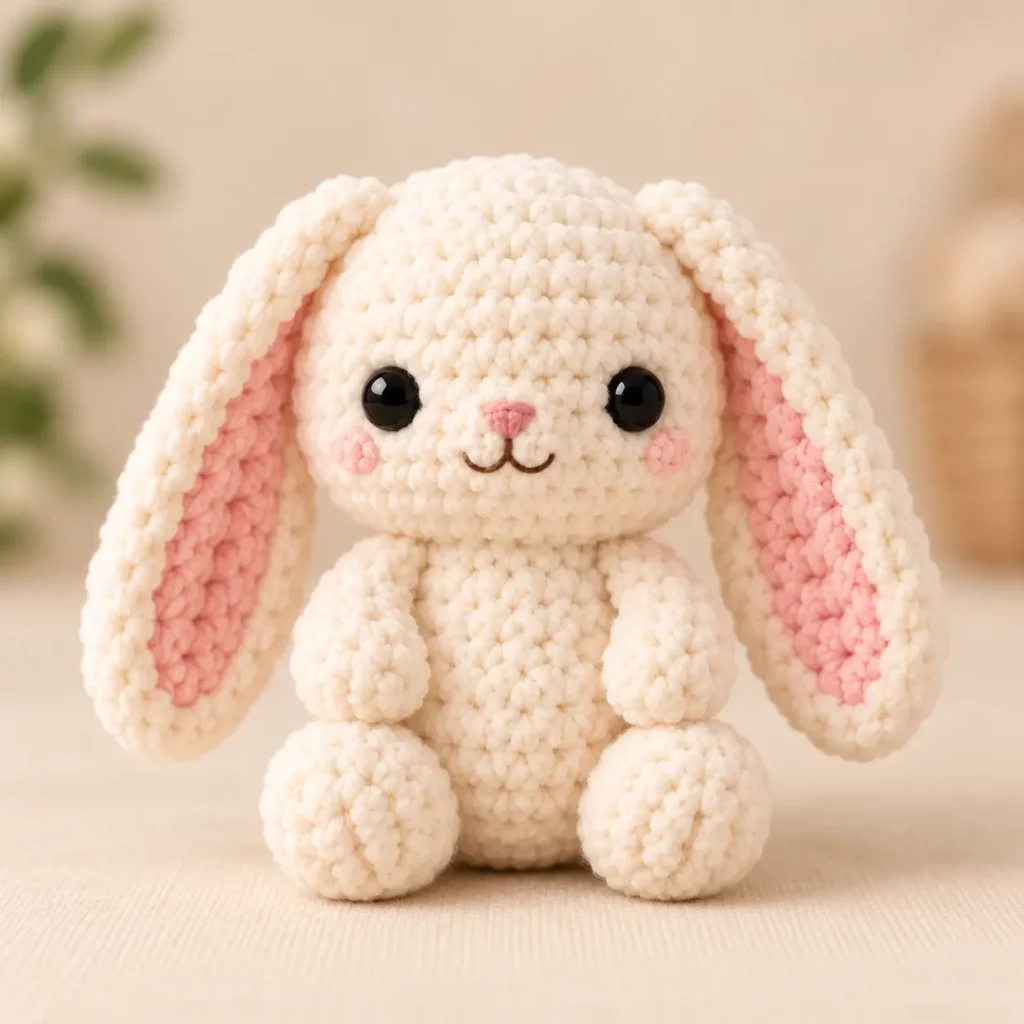 Cute no-sew bunny amigurumi crochet pattern in cream and soft pink