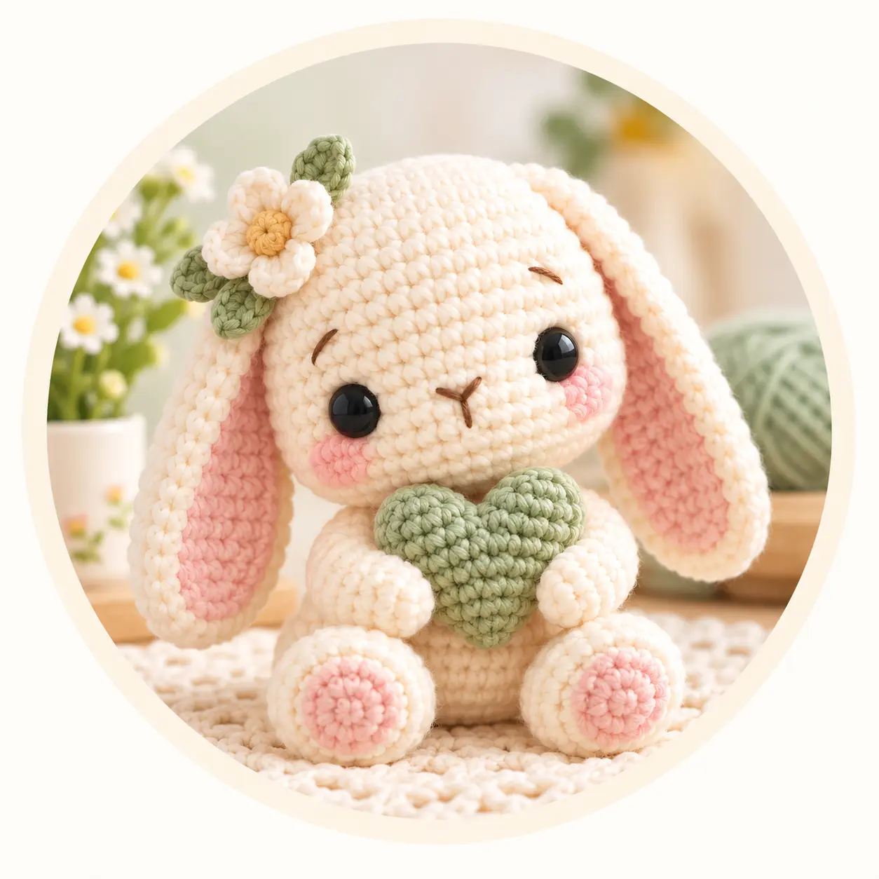 Crochet amigurumi bunny holding a sage green heart