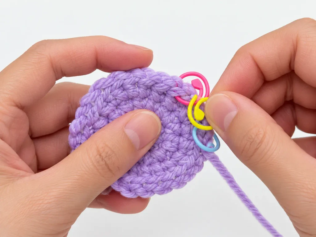 Stitch markers showing where to attach the hind legs to the crochet bunny body