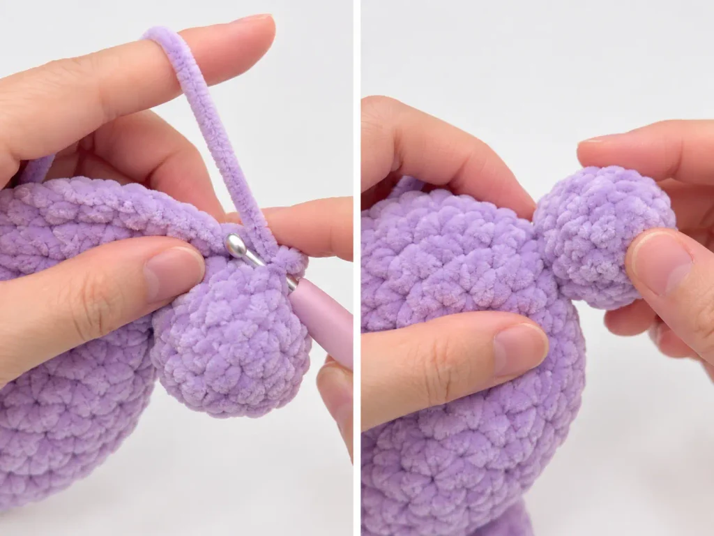 Two steps showing how to attach the purple crochet bunny tail to the body
 نسخ