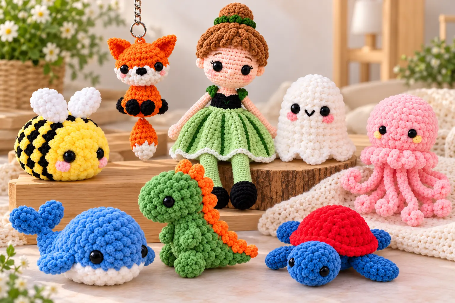 Free no-sew amigurumi patterns featuring a fox, bee, whale, dinosaur, turtle, ghost, doll, and pink octopus