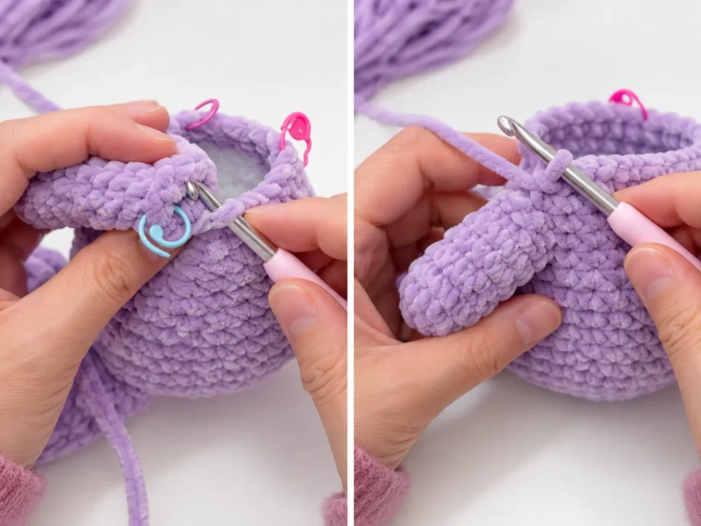Joining a crochet bunny front leg to the body using a crochet hook