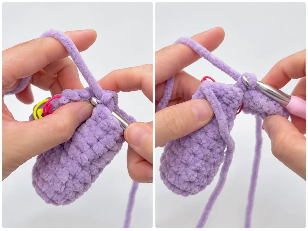 Two close-up steps showing how to crochet a bunny hind leg directly onto the body